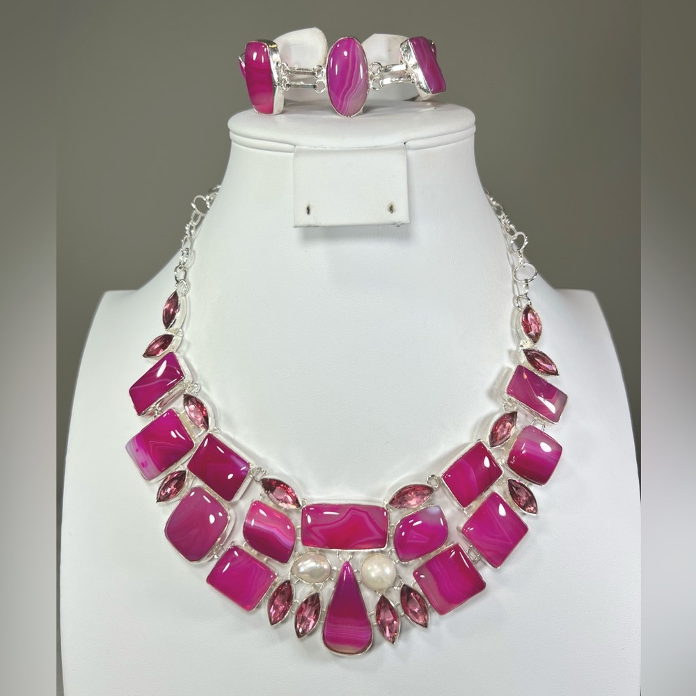 Pink Botswana Agate 925 Large Gemstone Necklace & Bracelet set